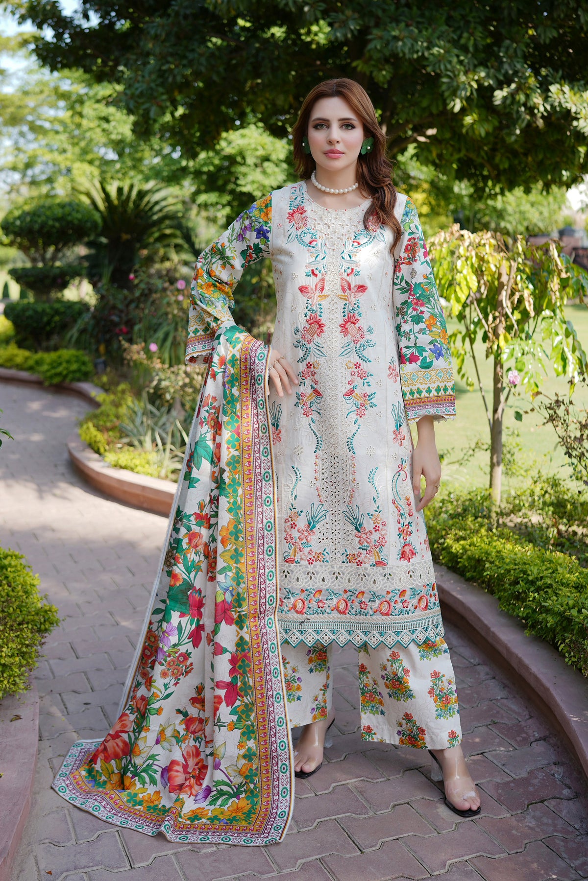 Ivory Blossom Embroidered Suit-3 Piece