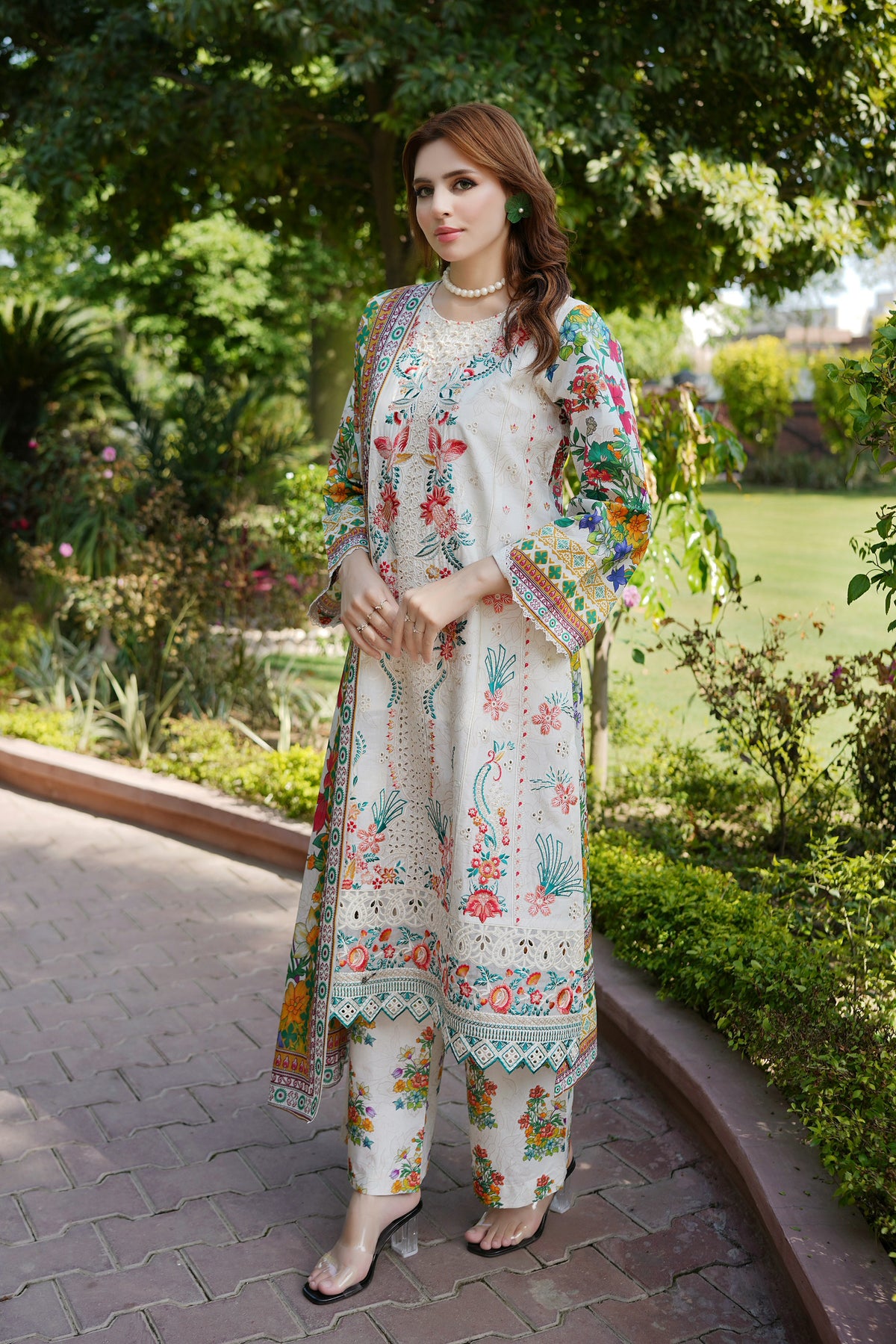 Ivory Blossom Embroidered Suit-3 Piece