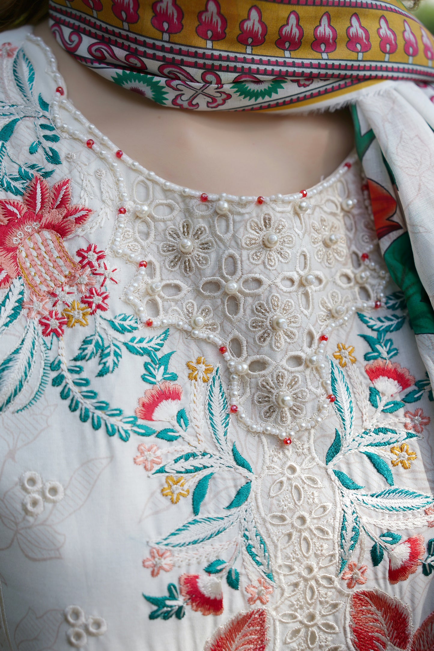 Ivory Blossom Embroidered Suit-3 Piece