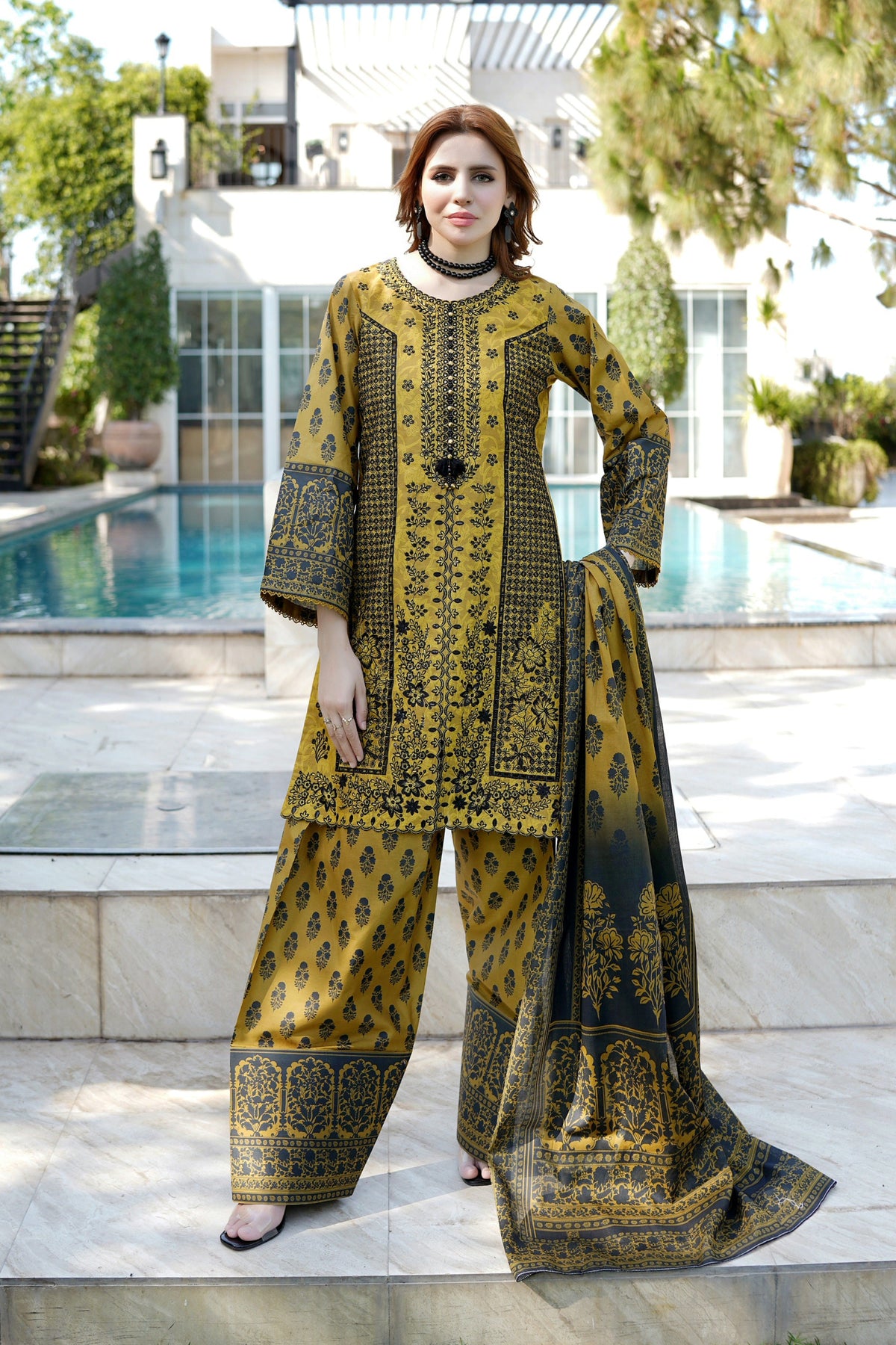 Embroidered 3 Piece Mustard Suite-Farshi
