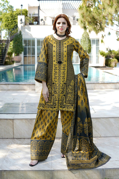 Embroidered 3 Piece Mustard Suite-Farshi