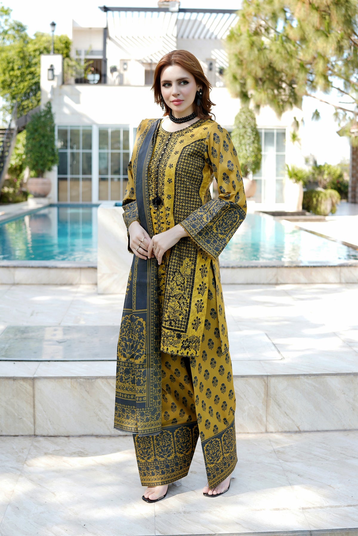 Embroidered 3 Piece Mustard Suite-Farshi