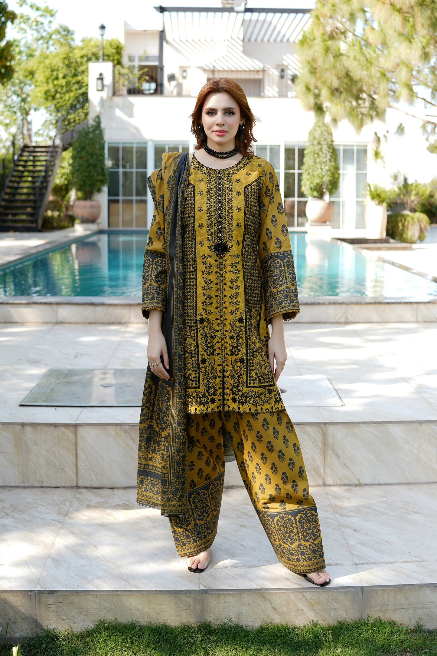 Embroidered 3 Piece Mustard Suite-Farshi