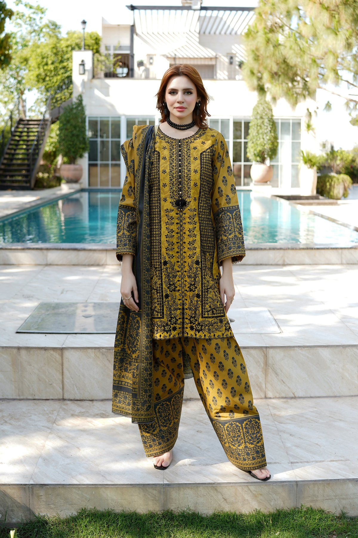 Embroidered 3 Piece Mustard Suite-Farshi