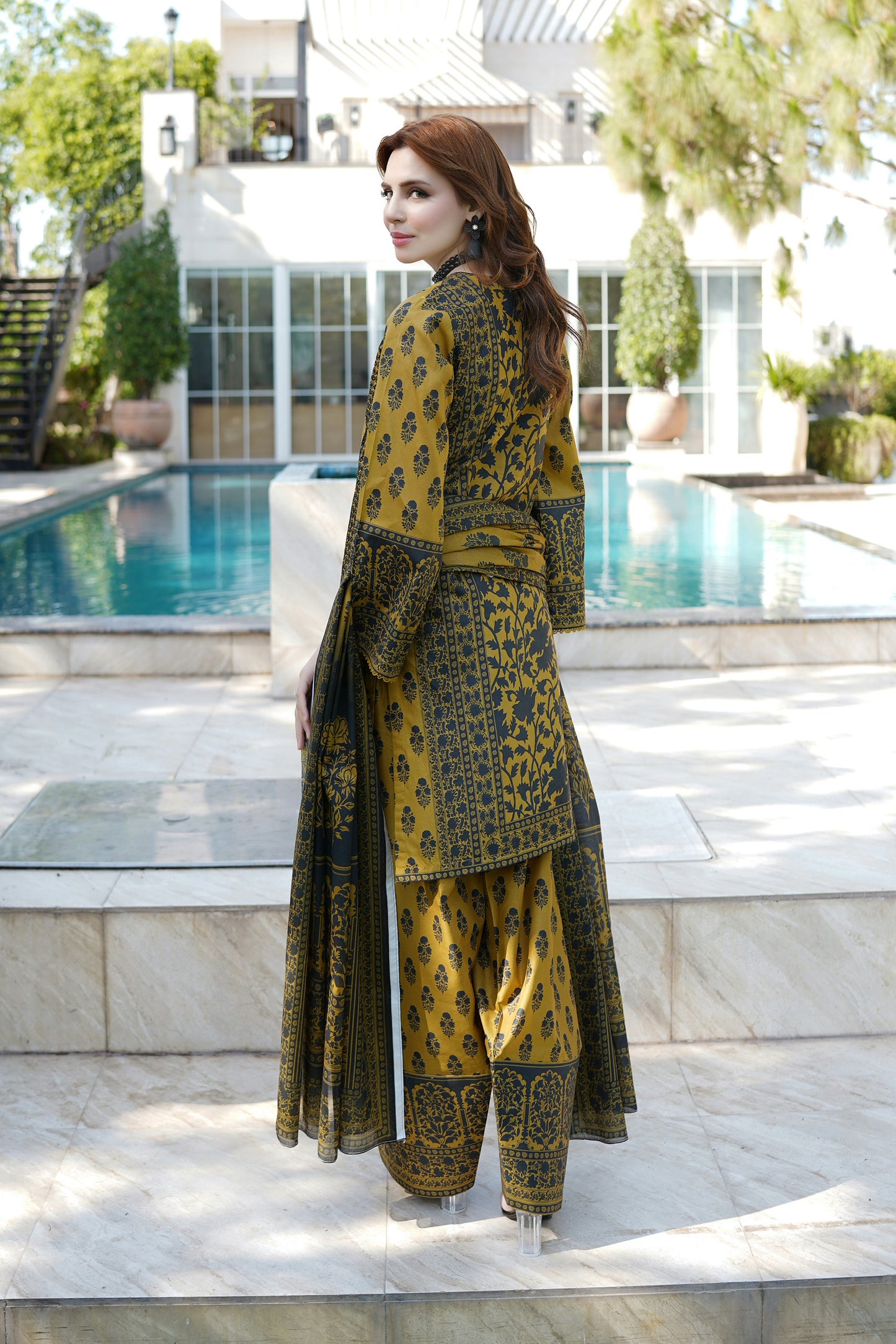 Embroidered 3 Piece Mustard Suite-Farshi