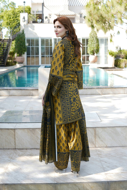 Embroidered 3 Piece Mustard Suite-Farshi