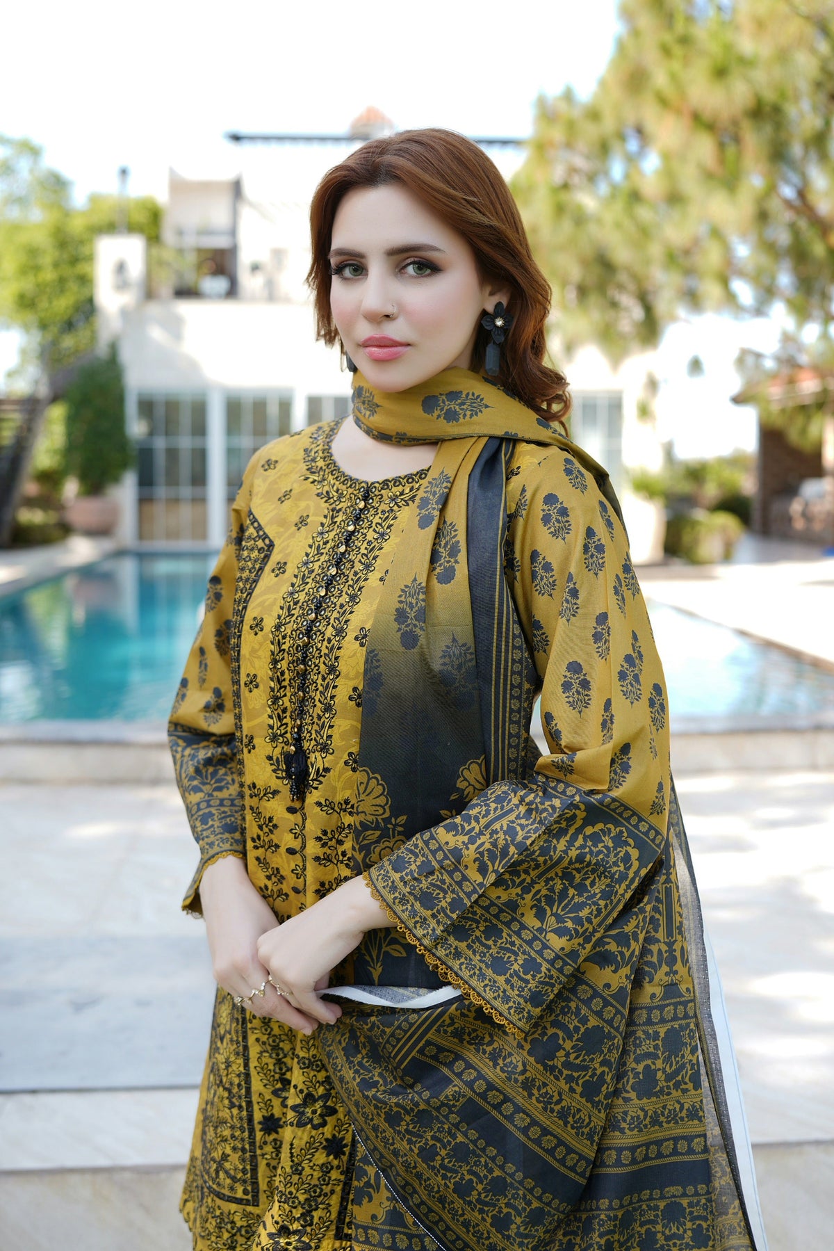 Embroidered 3 Piece Mustard Suite-Farshi