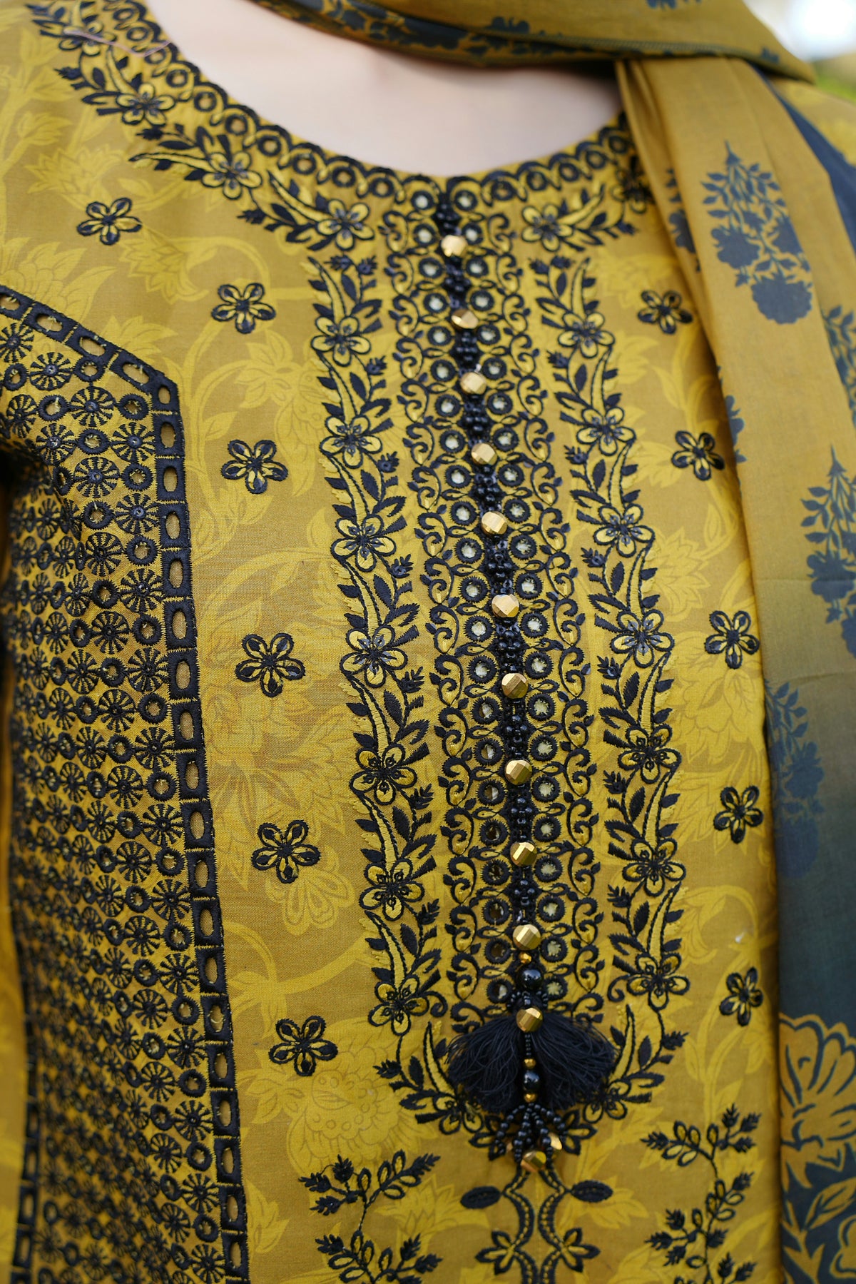 Embroidered 3 Piece Mustard Suite-Farshi
