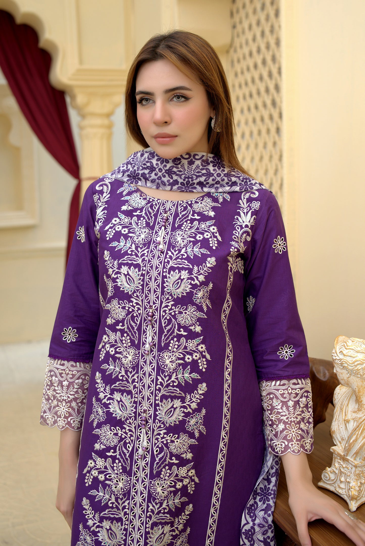 3 Piece Cambric Suit-Embroidered