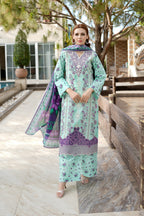 Aqua Floral Printed 3 Piece Suit-Embroidered