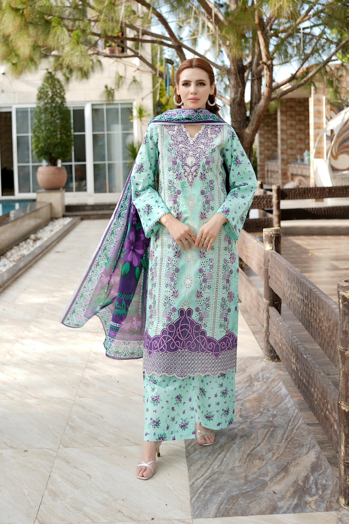 Aqua Floral Printed 3 Piece Suit-Embroidered