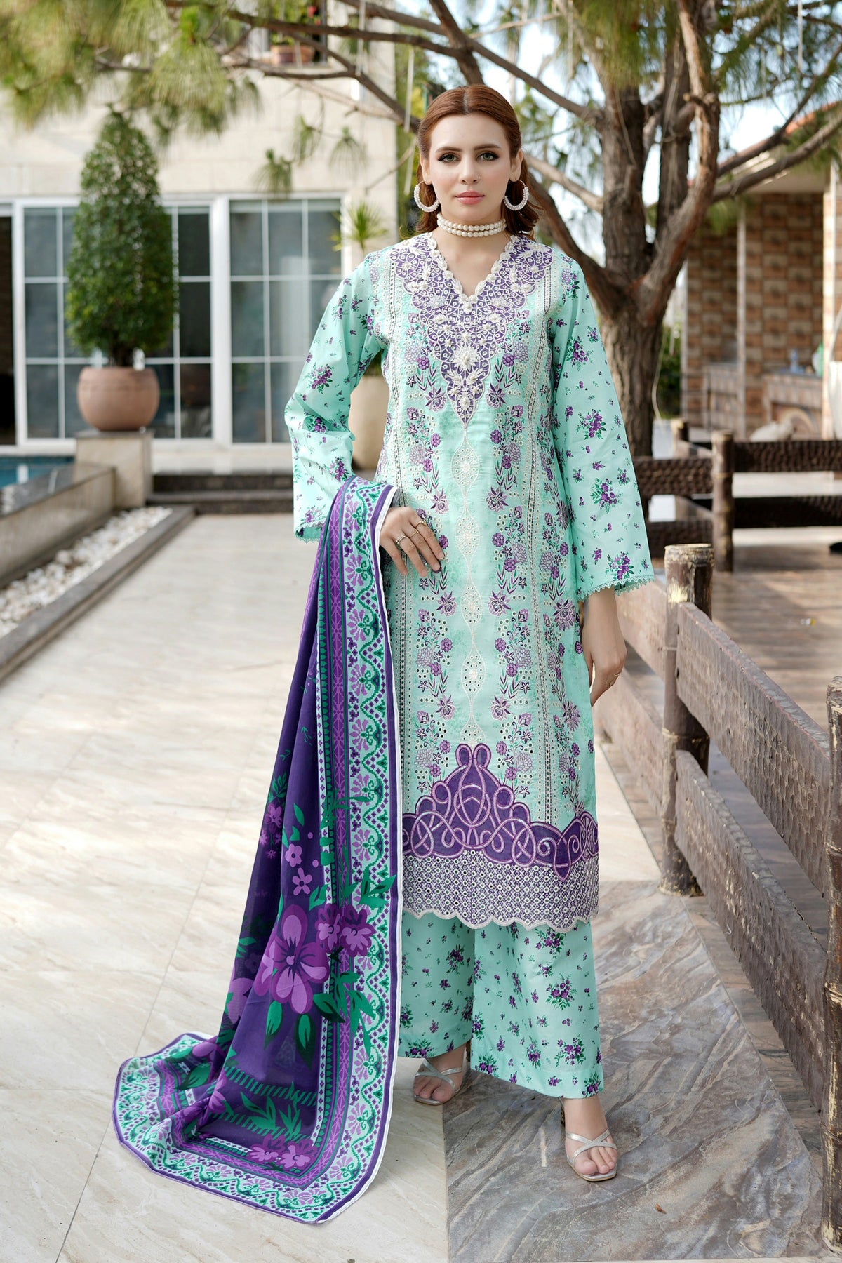 Aqua Floral Printed 3 Piece Suit-Embroidered