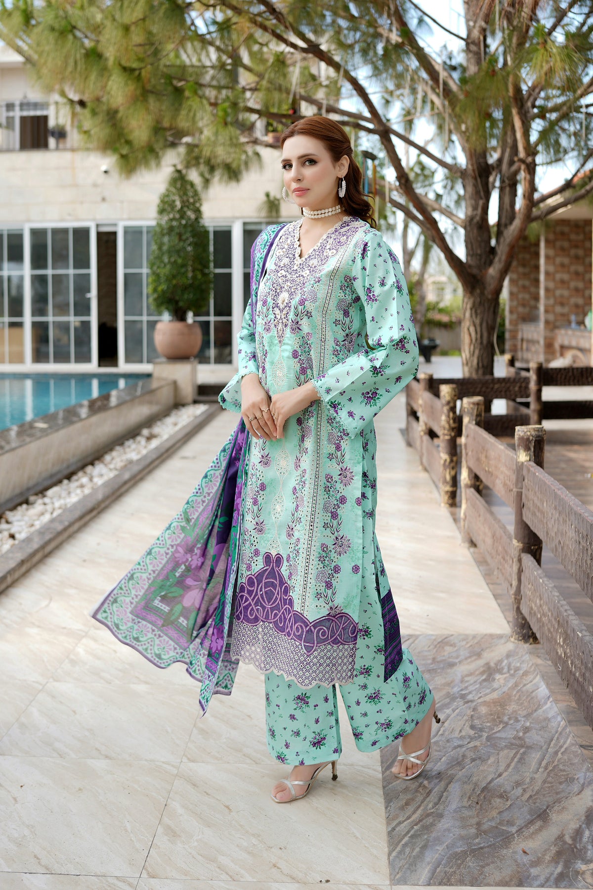 Aqua Floral Printed 3 Piece Suit-Embroidered