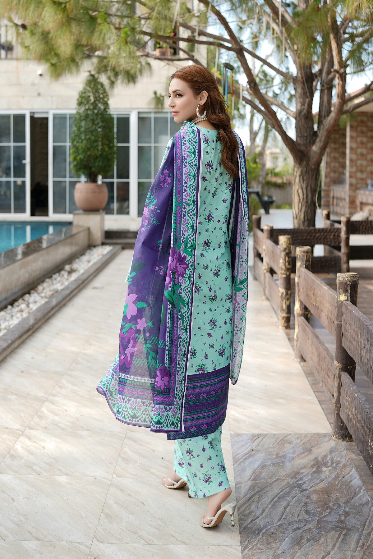 Aqua Floral Printed 3 Piece Suit-Embroidered