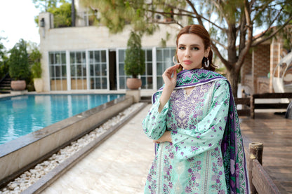 Aqua Floral Printed 3 Piece Suit-Embroidered