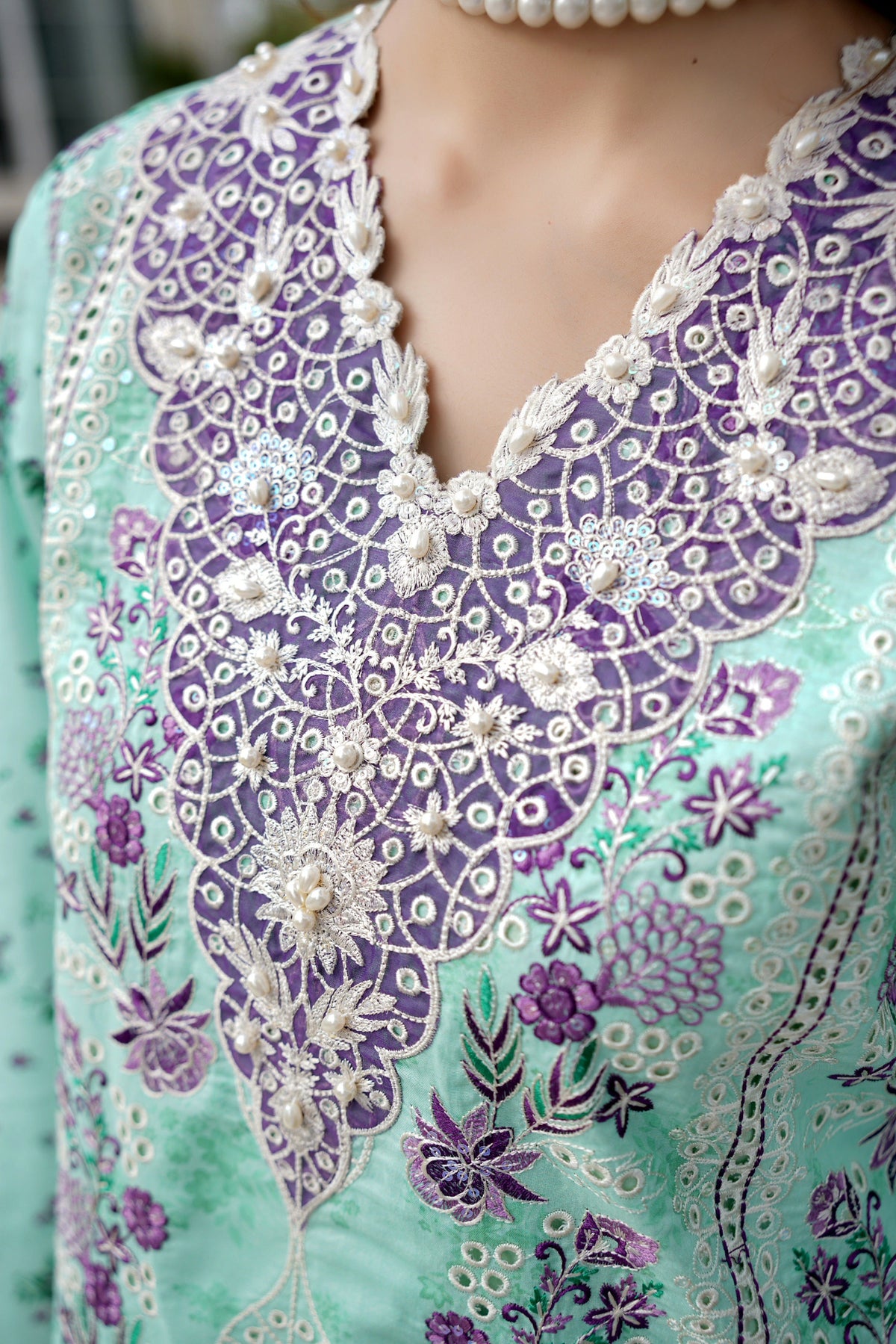 Aqua Floral Printed 3 Piece Suit-Embroidered