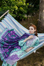 Aqua Floral Printed 3 Piece Suit-Embroidered