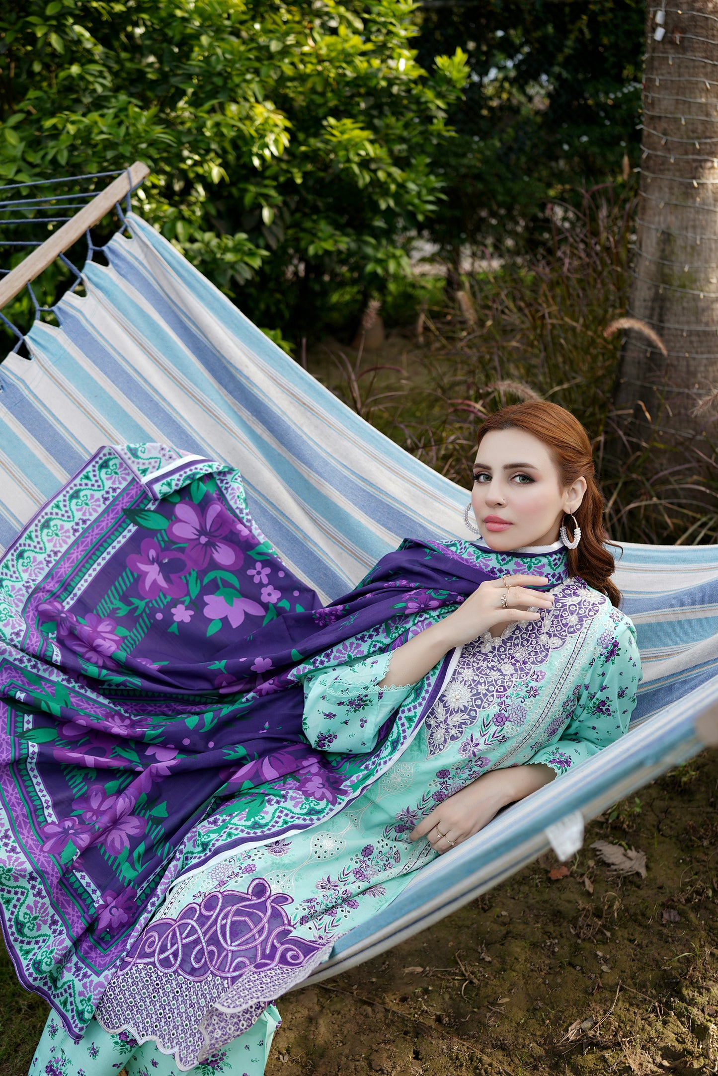Aqua Floral Printed 3 Piece Suit-Embroidered