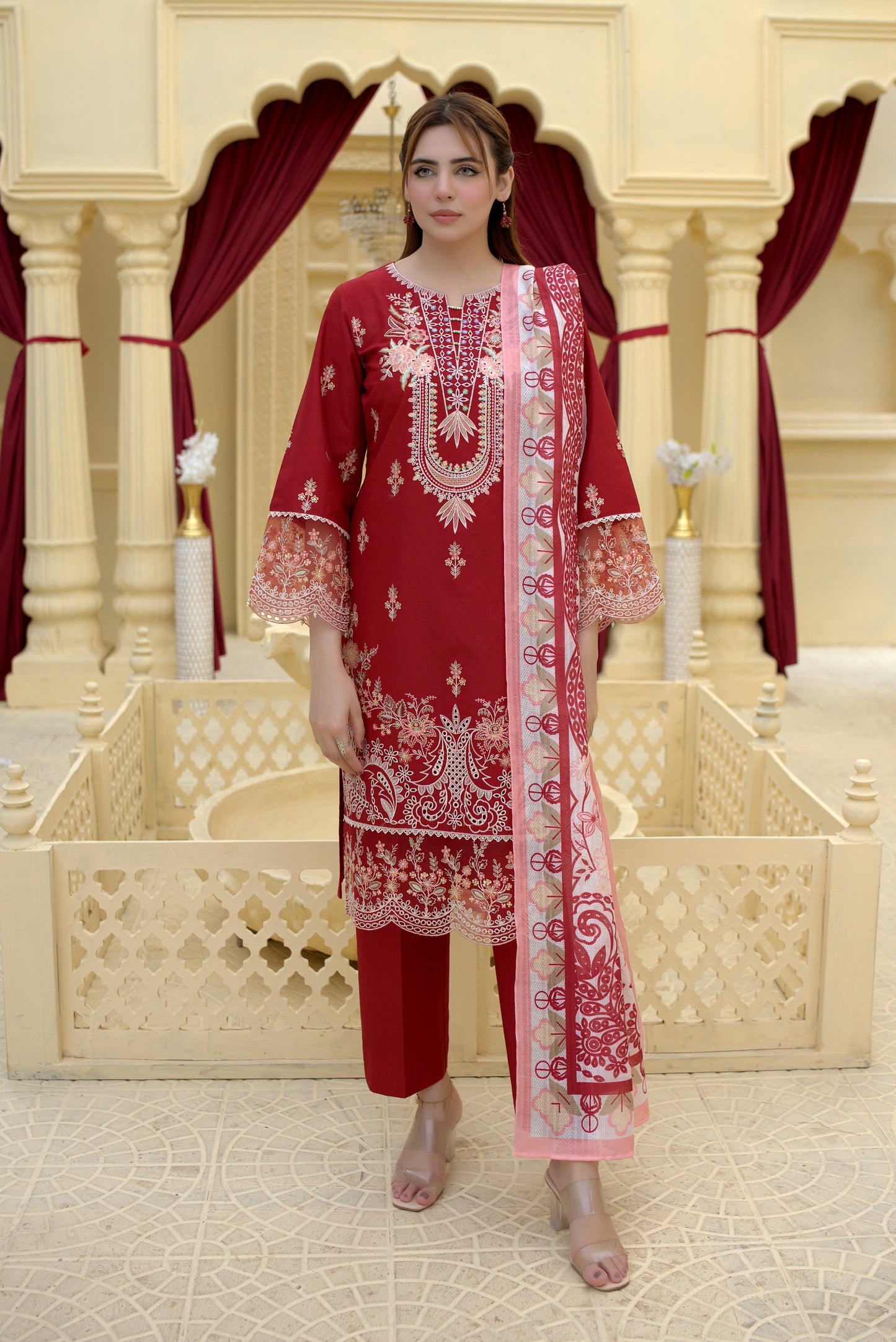 3 Piece Cambric Suit-Embroidered