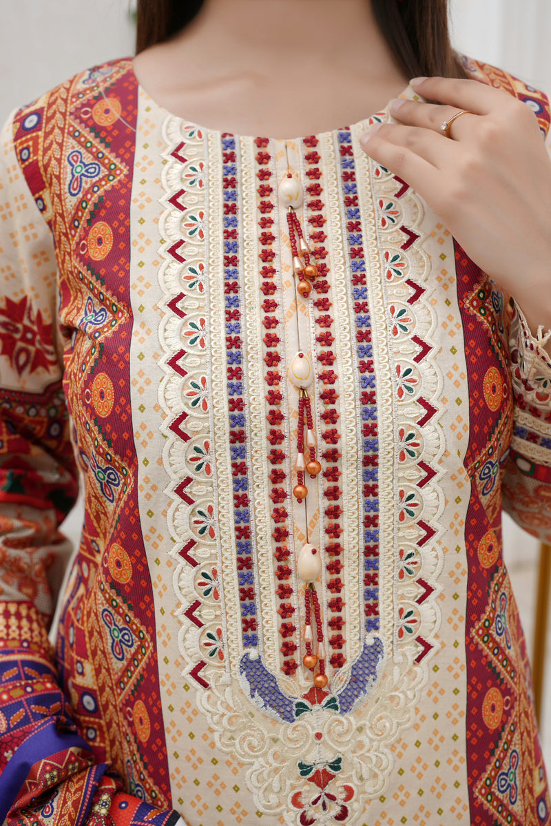 3 Piece Cotton Lawn Suit Stitched-Embroidered