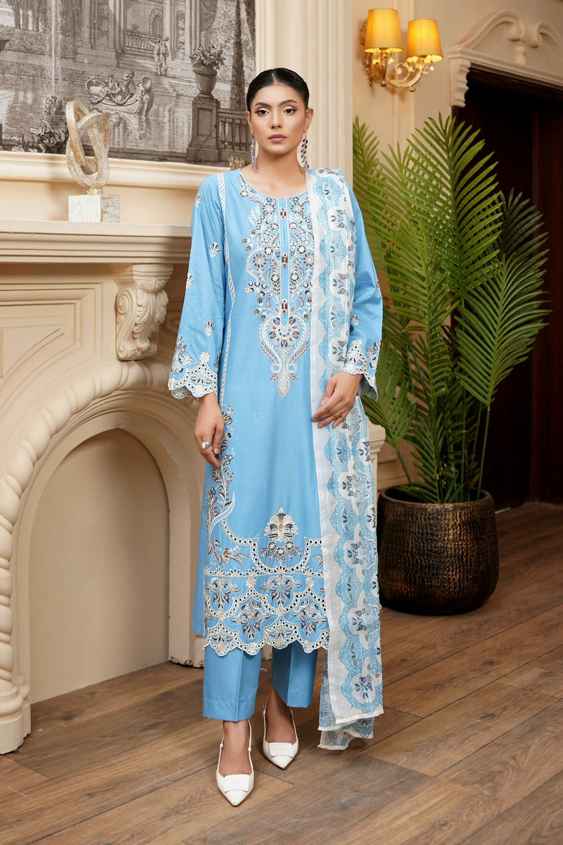 3 Piece Embroidered Suite-Plain Soft Cotton