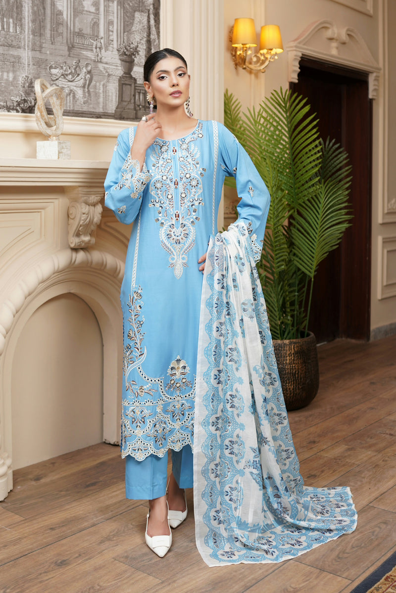 3 Piece Embroidered Suite-Plain Soft Cotton