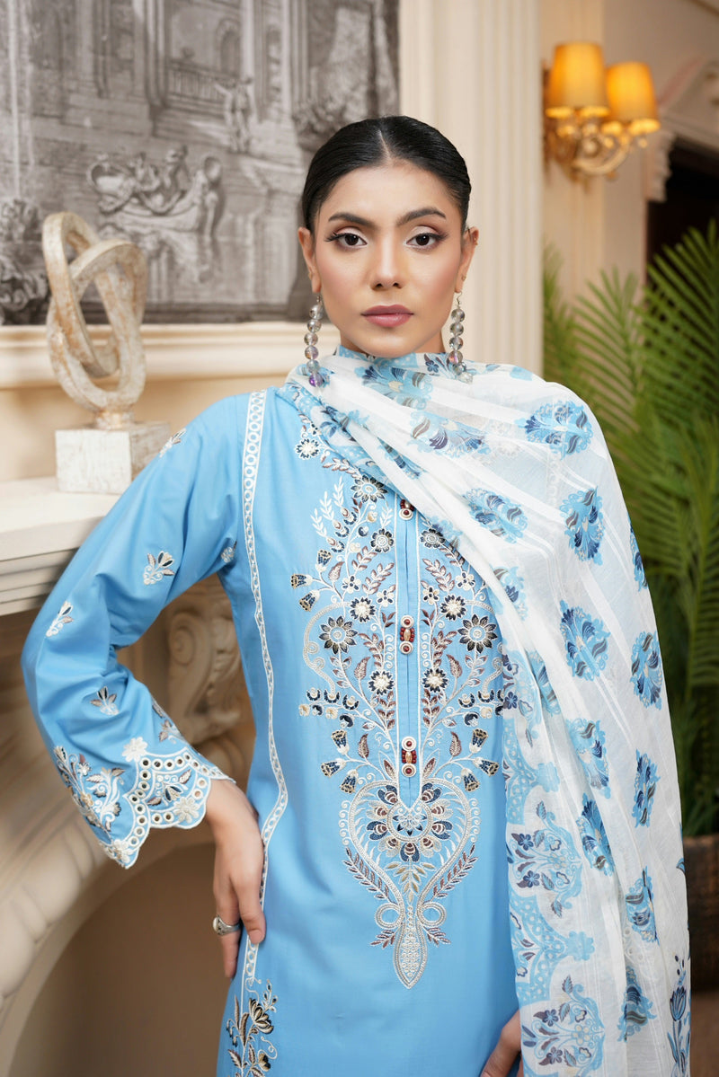 3 Piece Embroidered Suite-Plain Soft Cotton