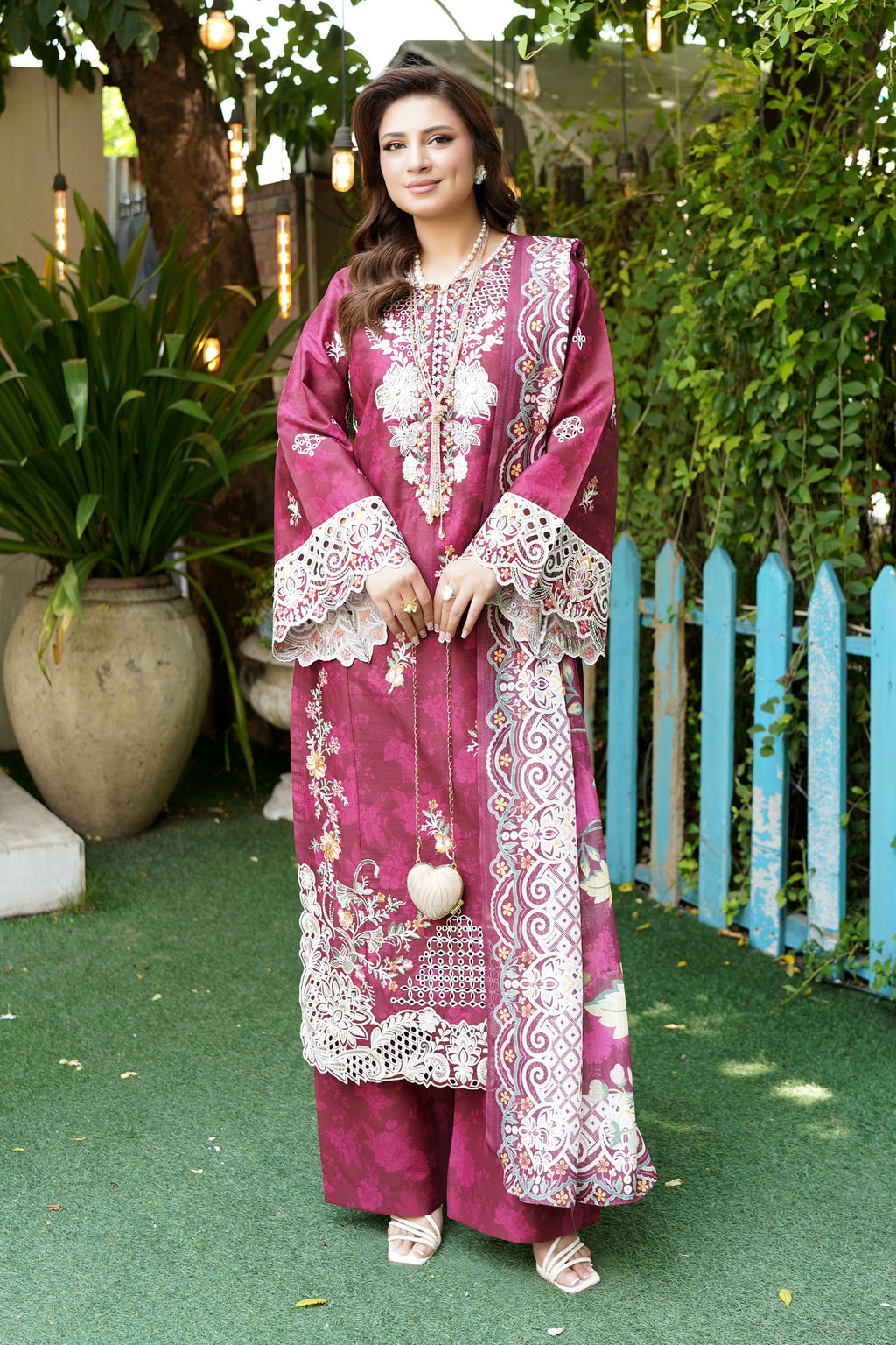 Magenta Embroidered 3-Piece Suit-Corduroy Fabric