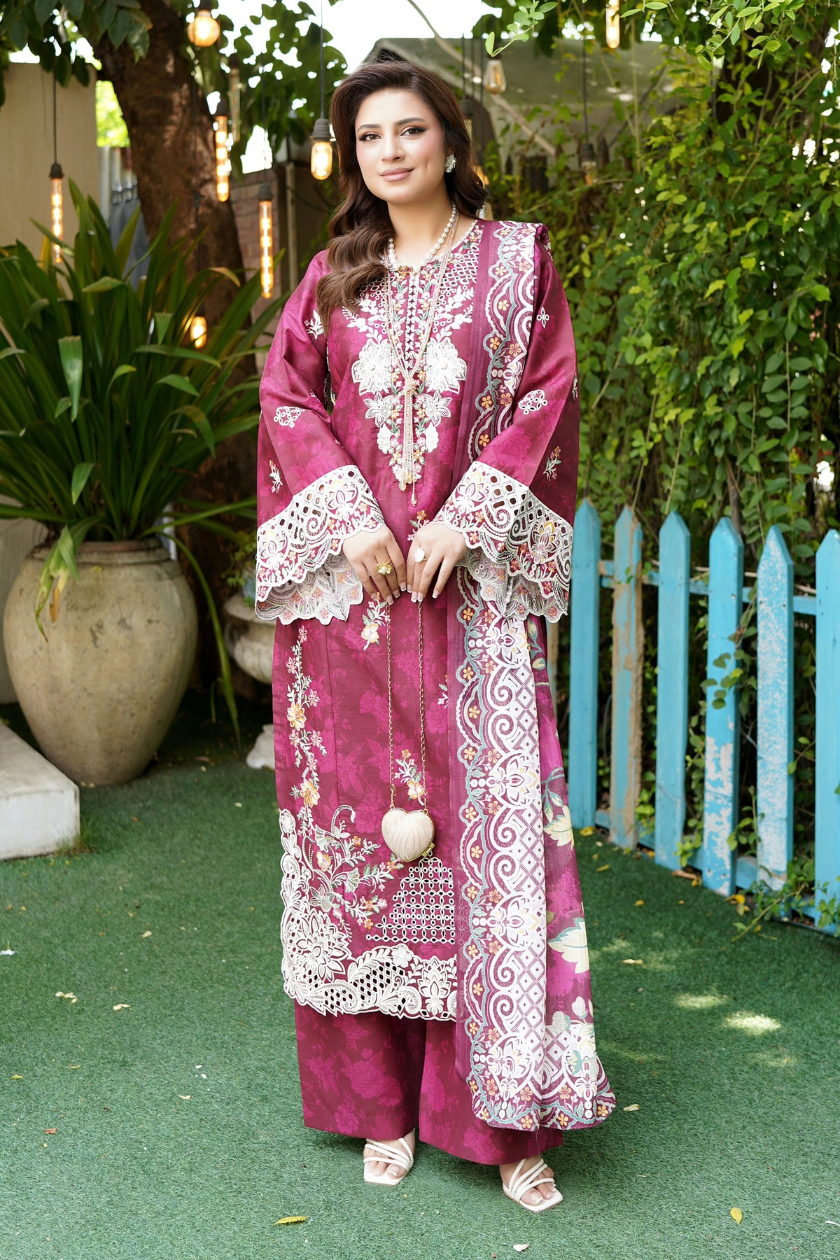 Magenta Embroidered 3-Piece Suit-Corduroy Fabric