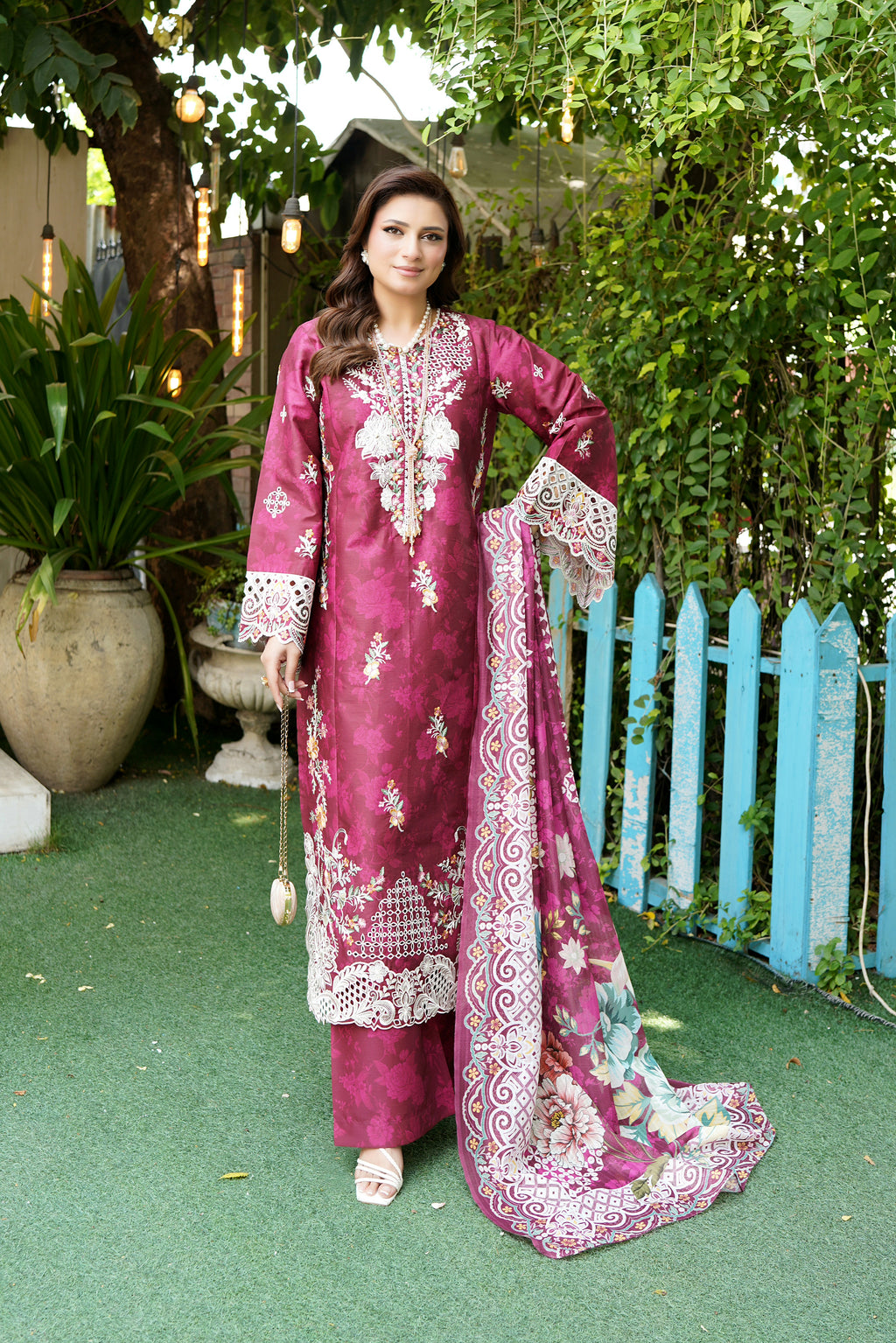 Magenta Embroidered 3-Piece Suit-Corduroy Fabric