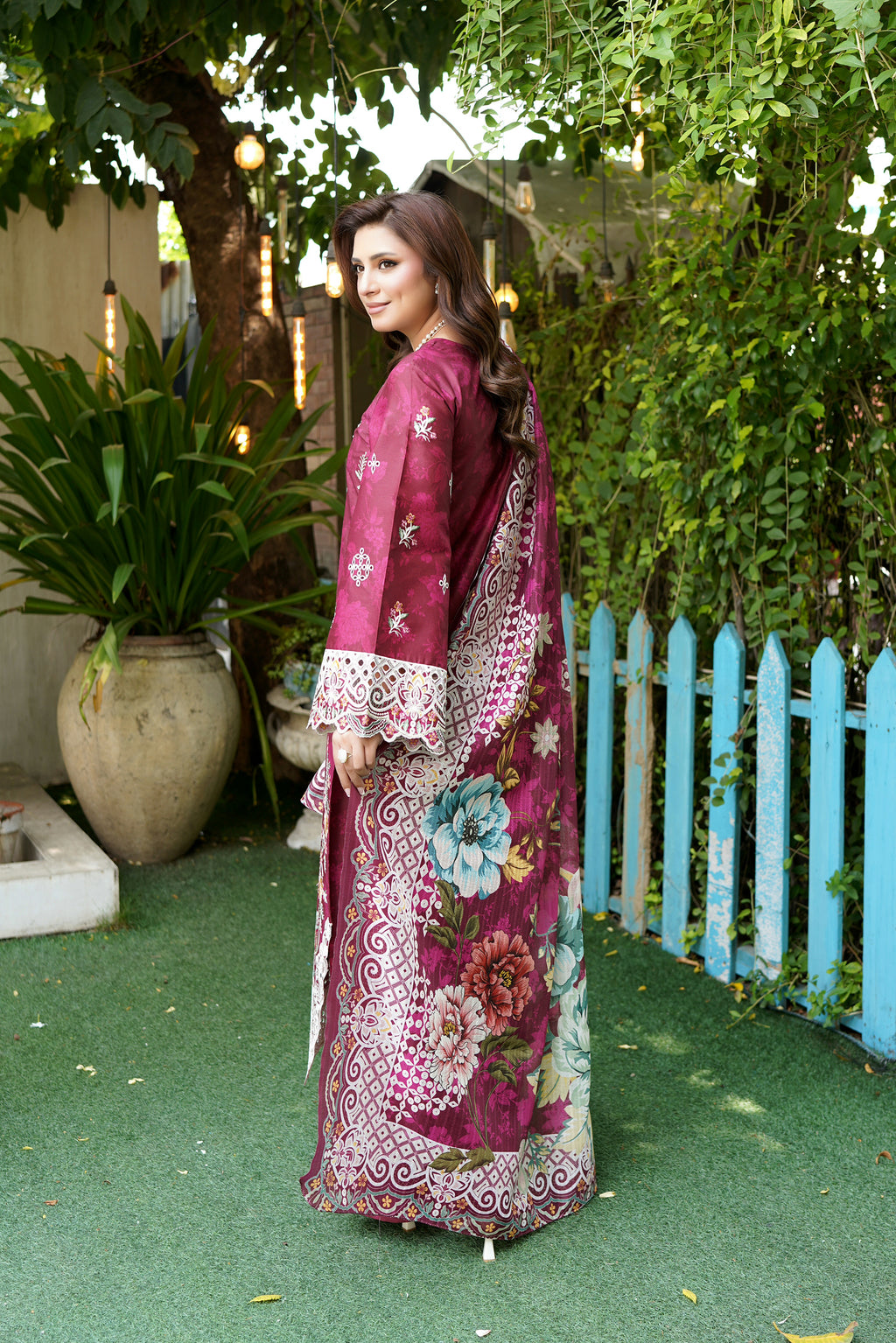 Magenta Embroidered 3-Piece Suit-Corduroy Fabric