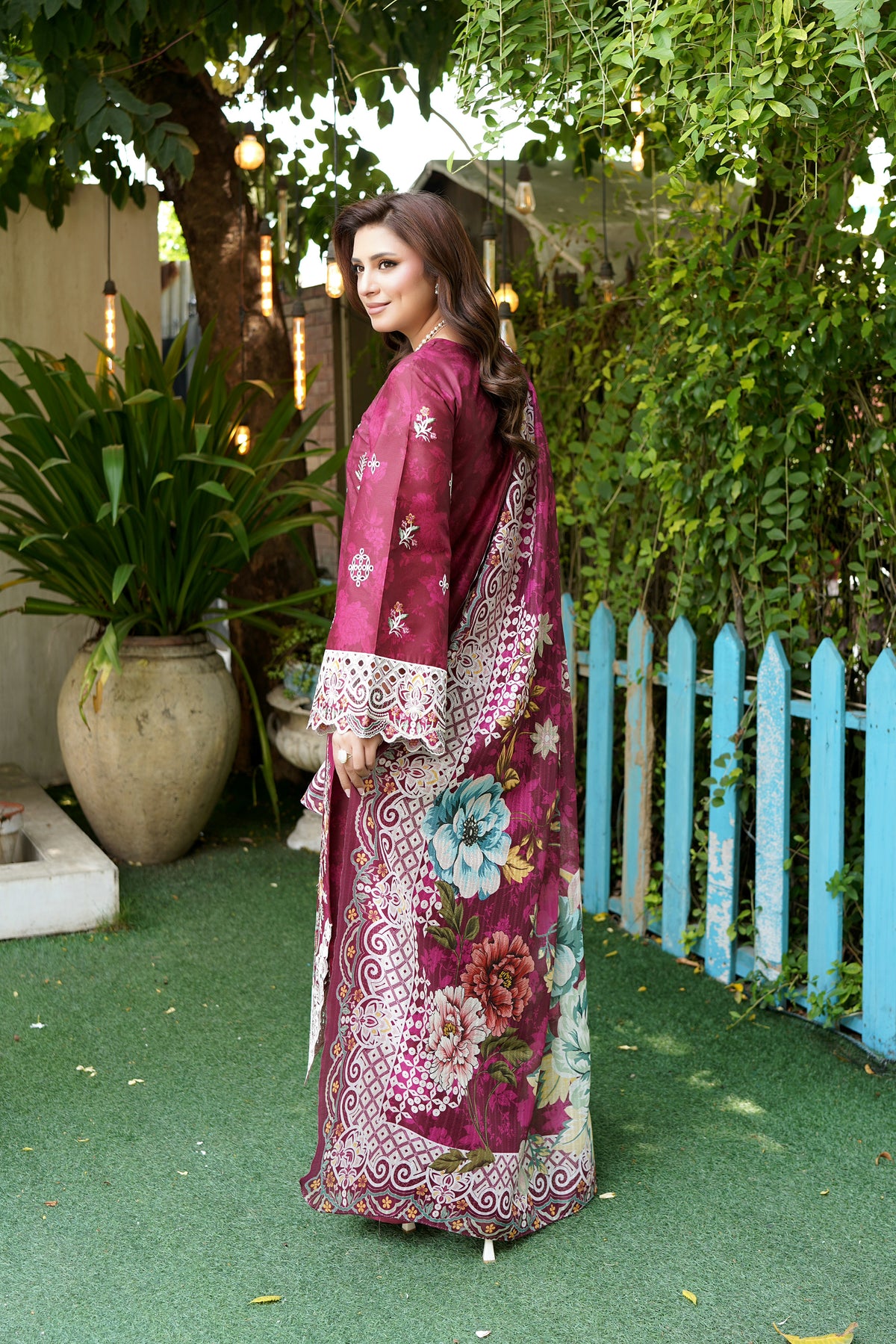 Magenta Embroidered 3-Piece Suit-Corduroy Fabric