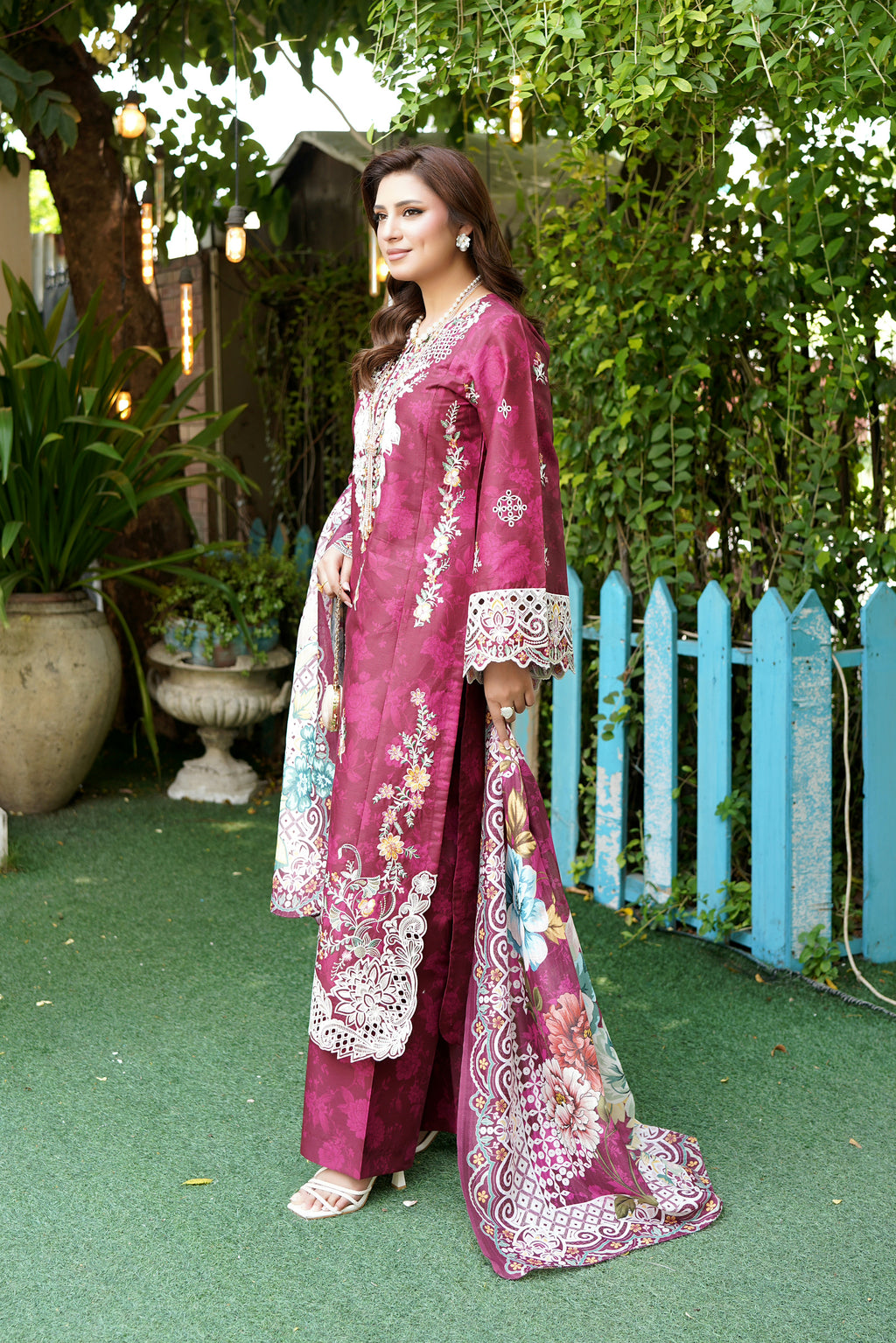 Magenta Embroidered 3-Piece Suit-Corduroy Fabric