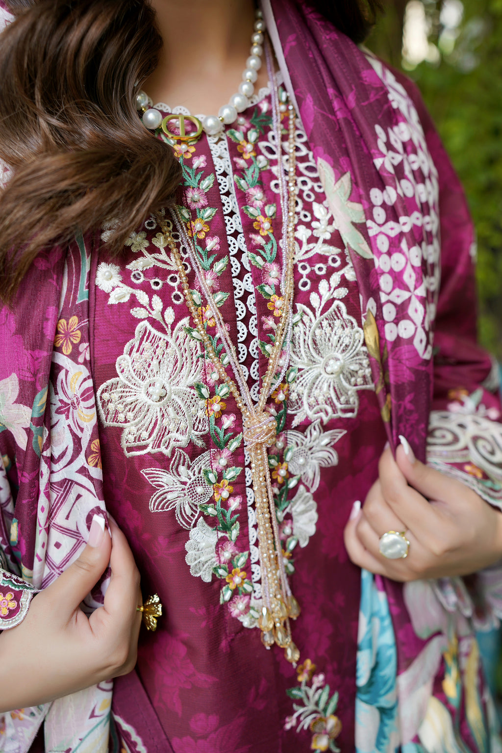 Magenta Embroidered 3-Piece Suit-Corduroy Fabric