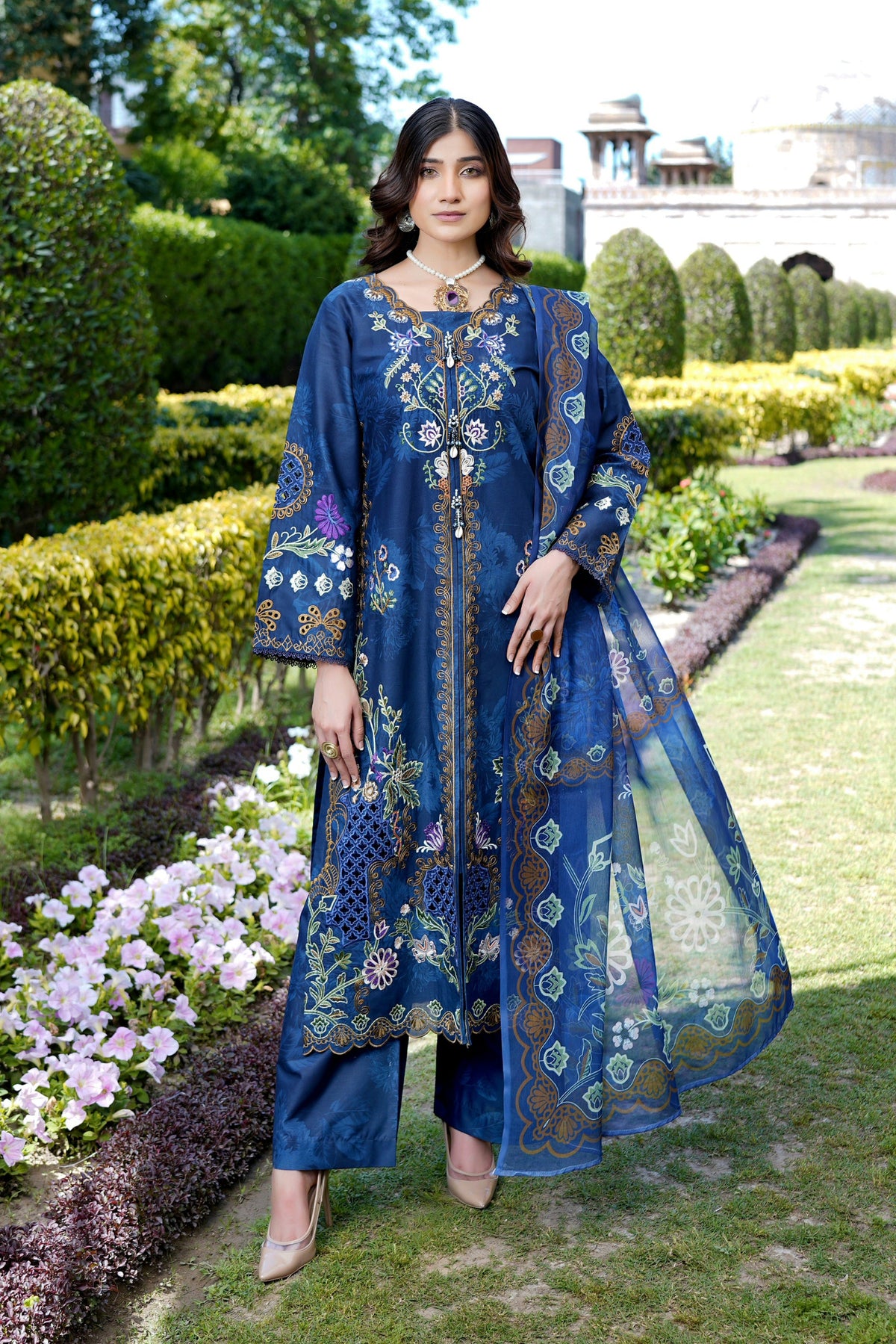 Embroidered 3 Piece Indigo Suit