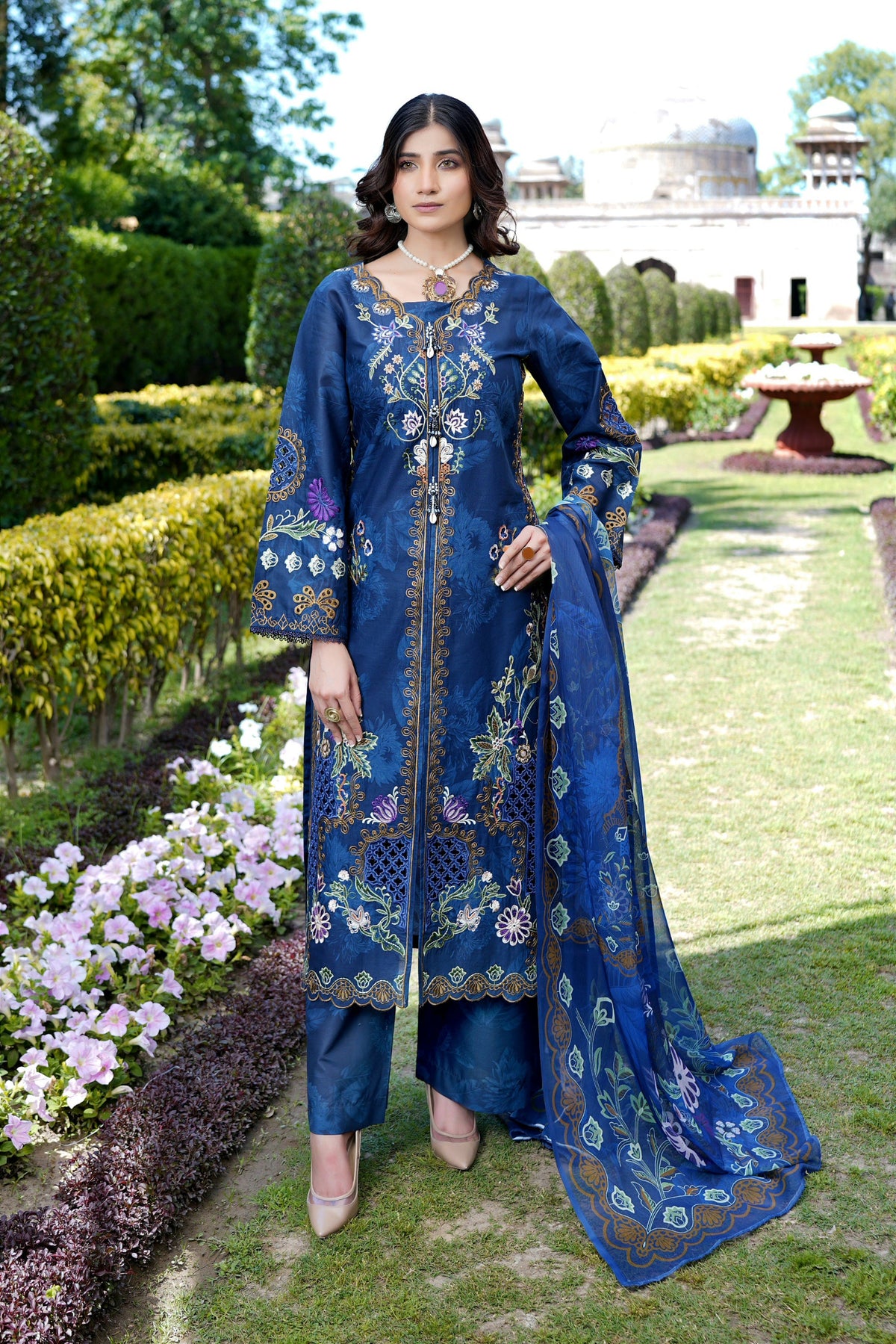 Embroidered 3 Piece Indigo Suit