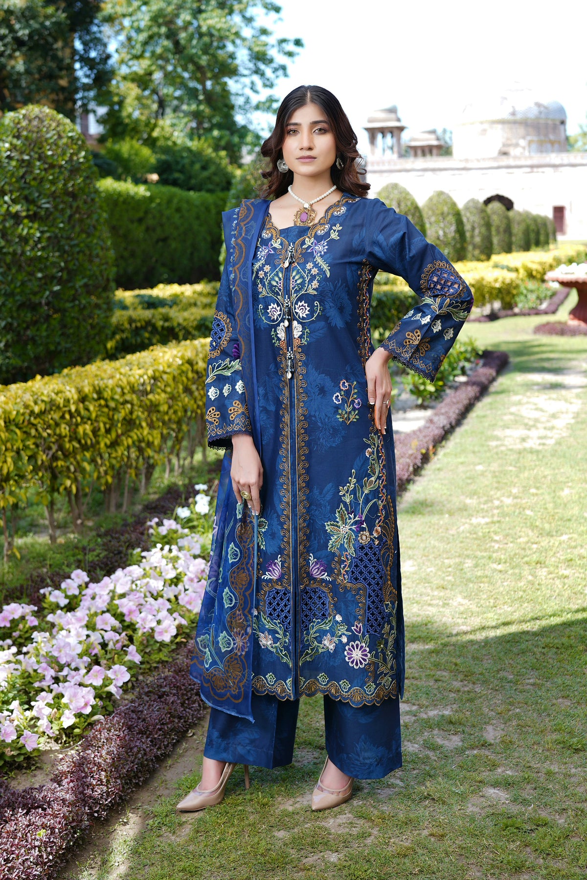Embroidered 3 Piece Indigo Suit