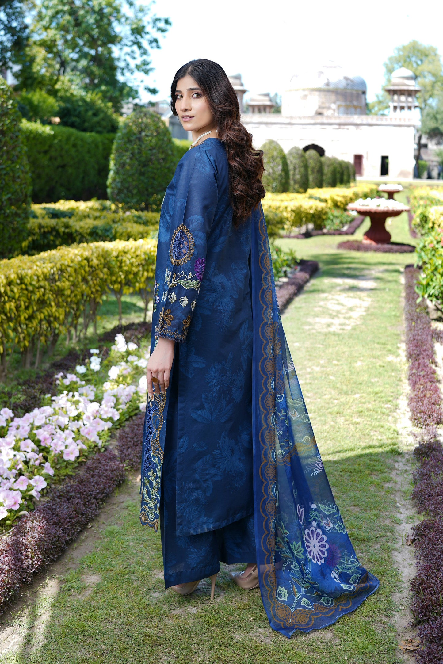 Embroidered 3 Piece Indigo Suit