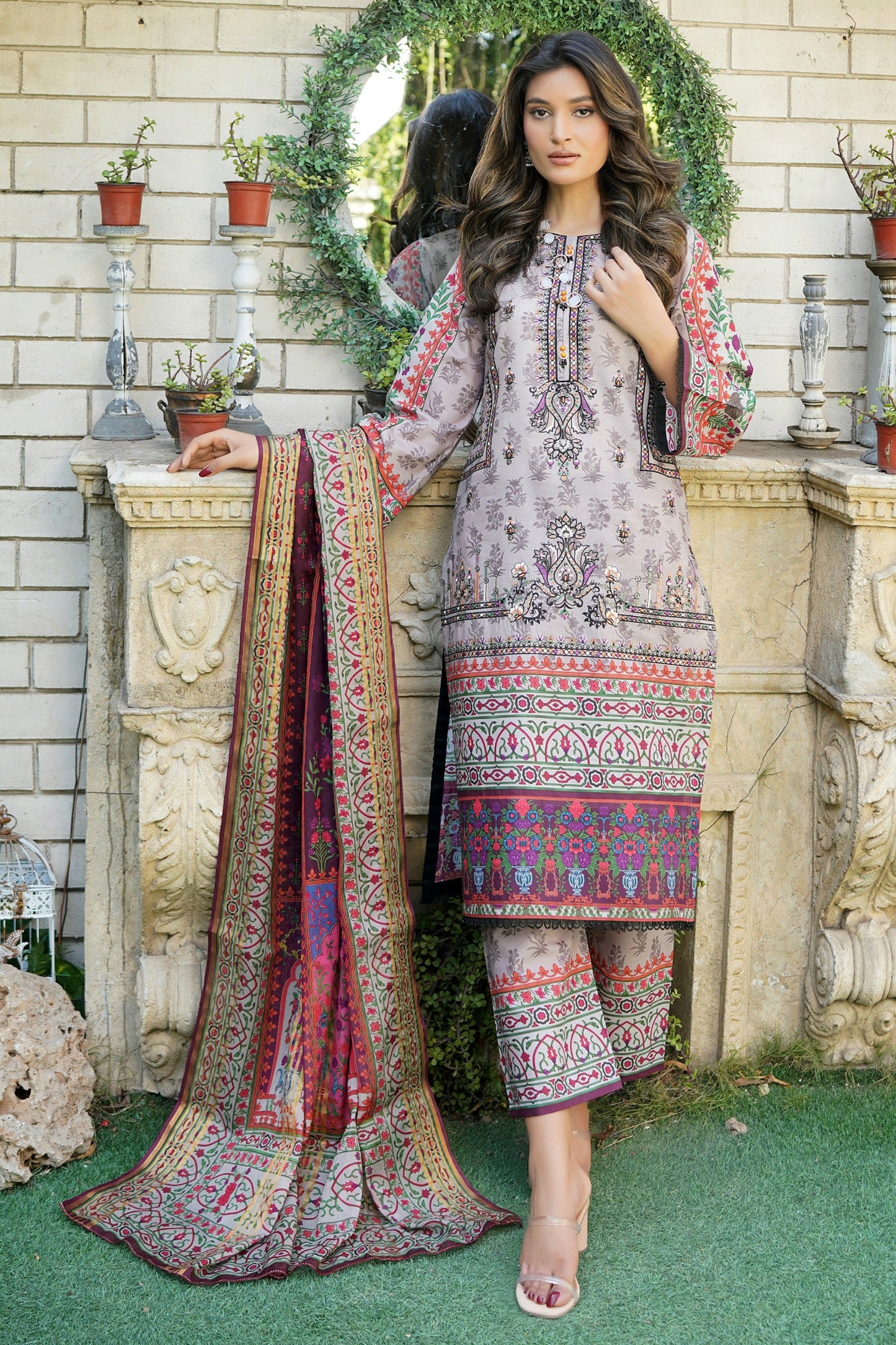 3 Piece Stitched Suit-Embroidered with Print