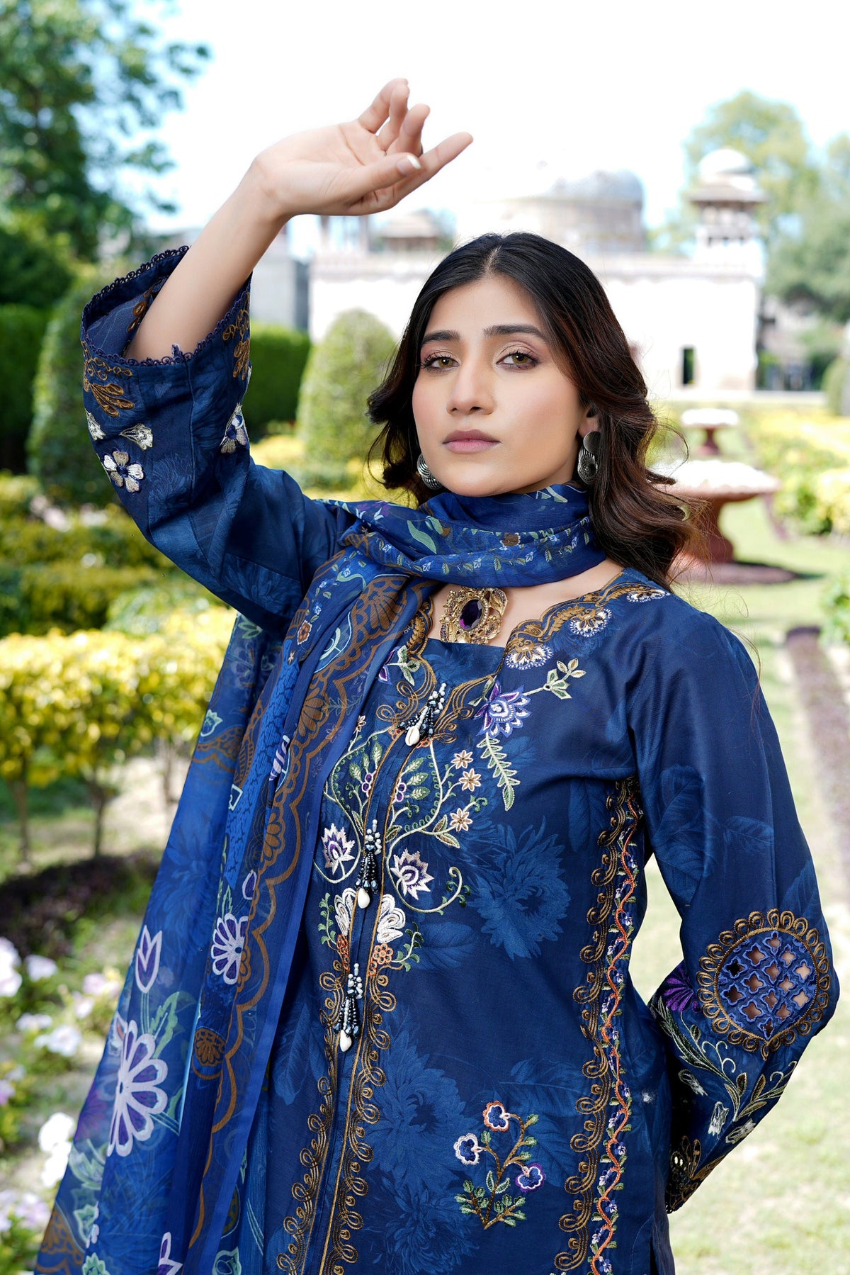 Embroidered 3 Piece Indigo Suit