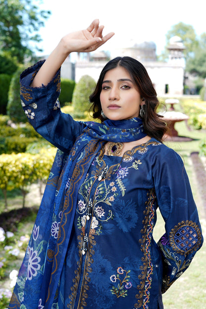 Embroidered 3 Piece Indigo Suit