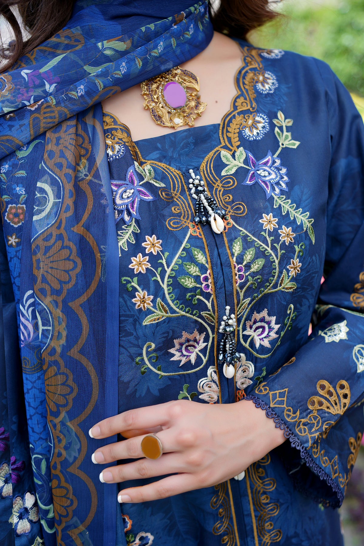 Embroidered 3 Piece Indigo Suit