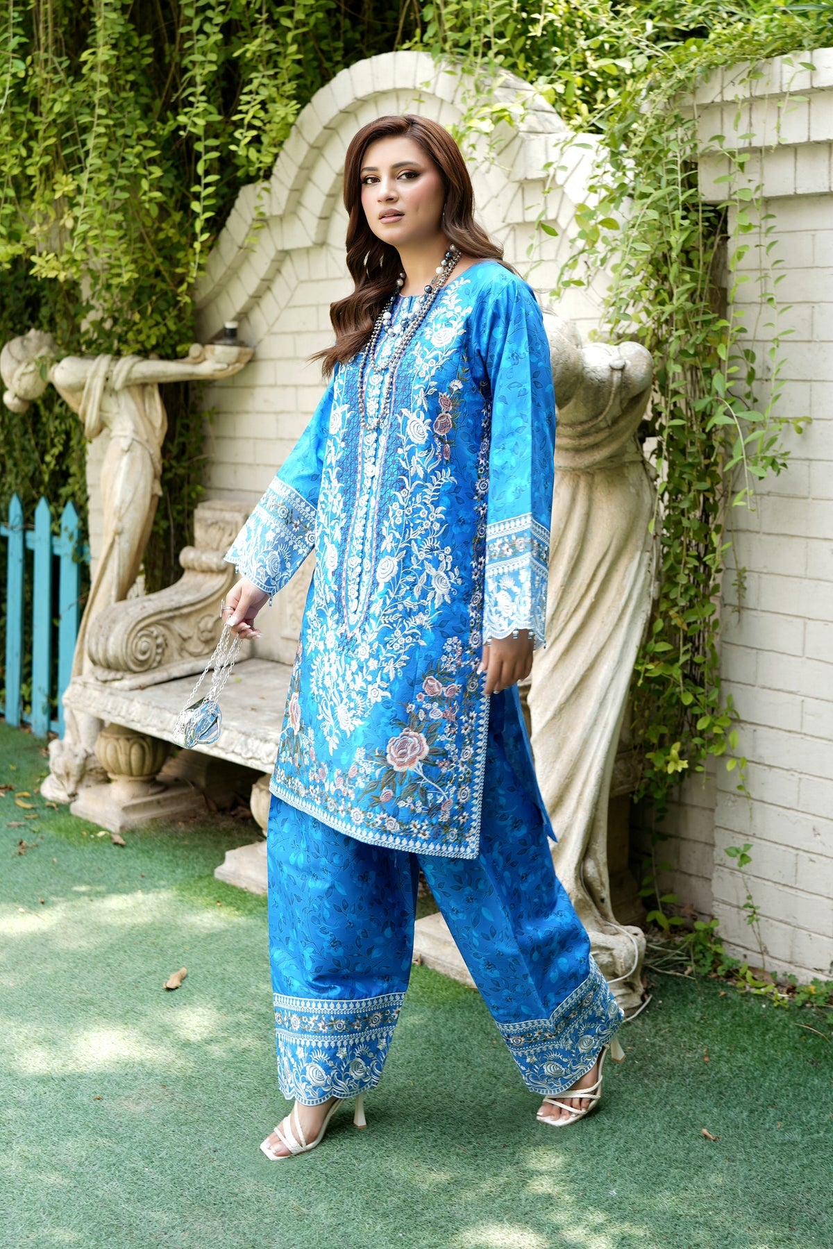 Stitched 3 Piece Cobalt Blue Suit-Embroidered