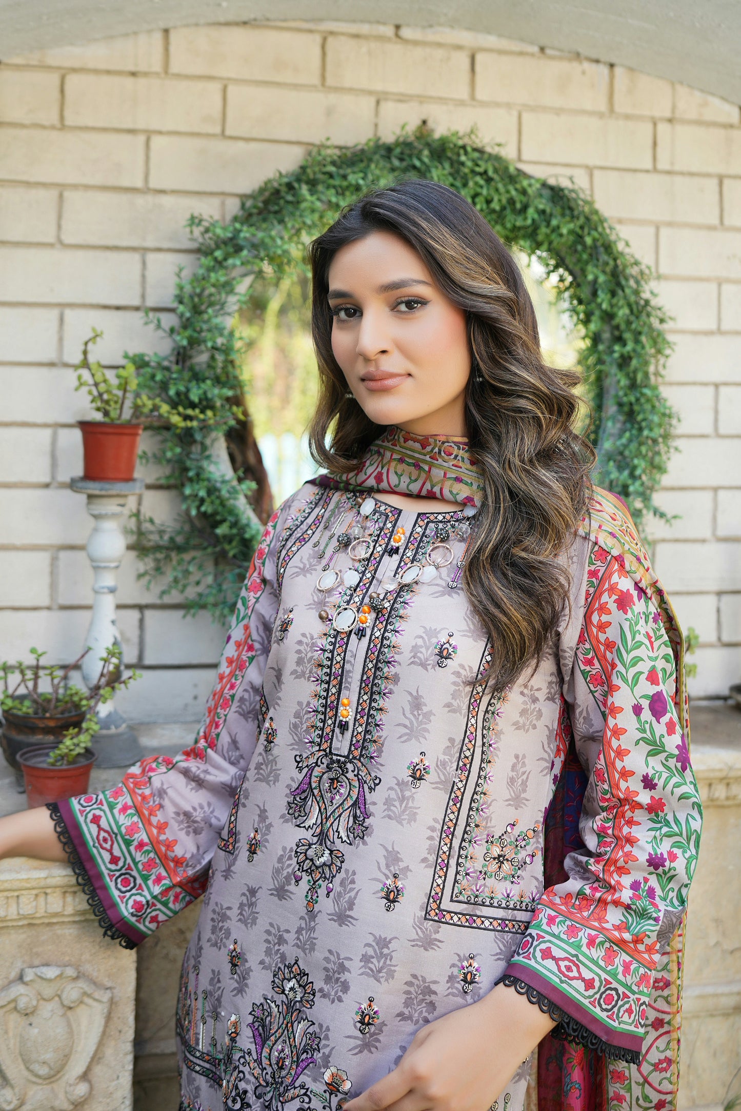 3 Piece Stitched Suit-Embroidered with Print