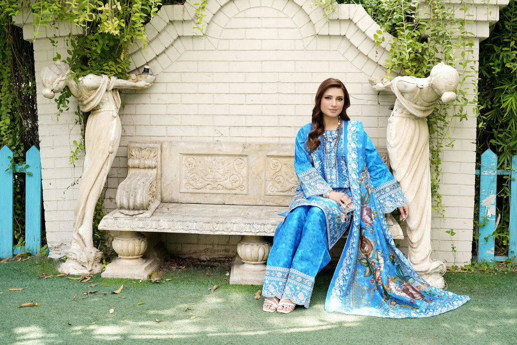 Stitched 3 Piece Cobalt Blue Suit-Embroidered