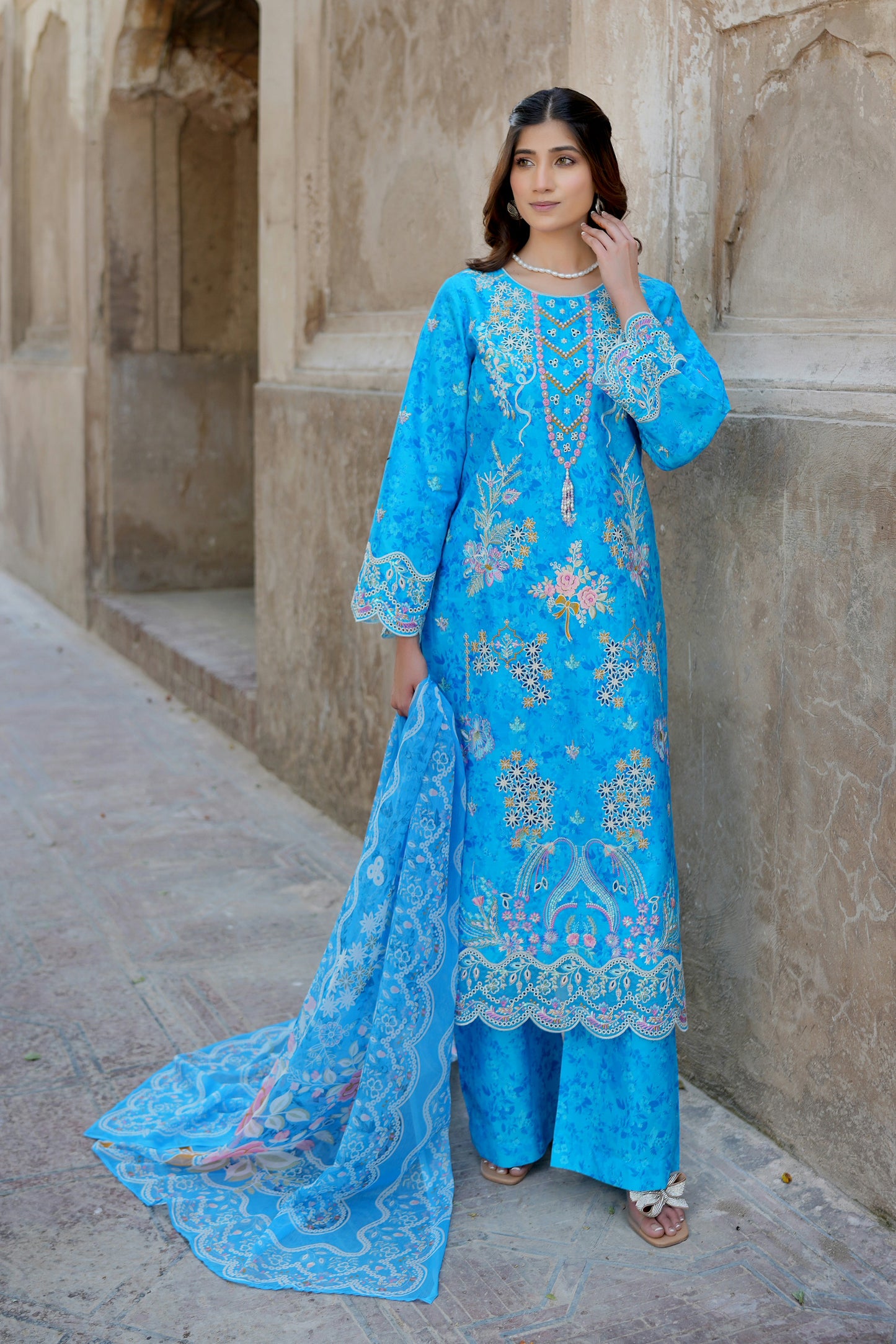 Blue Blossom 3 Piece Suit-Embroidered