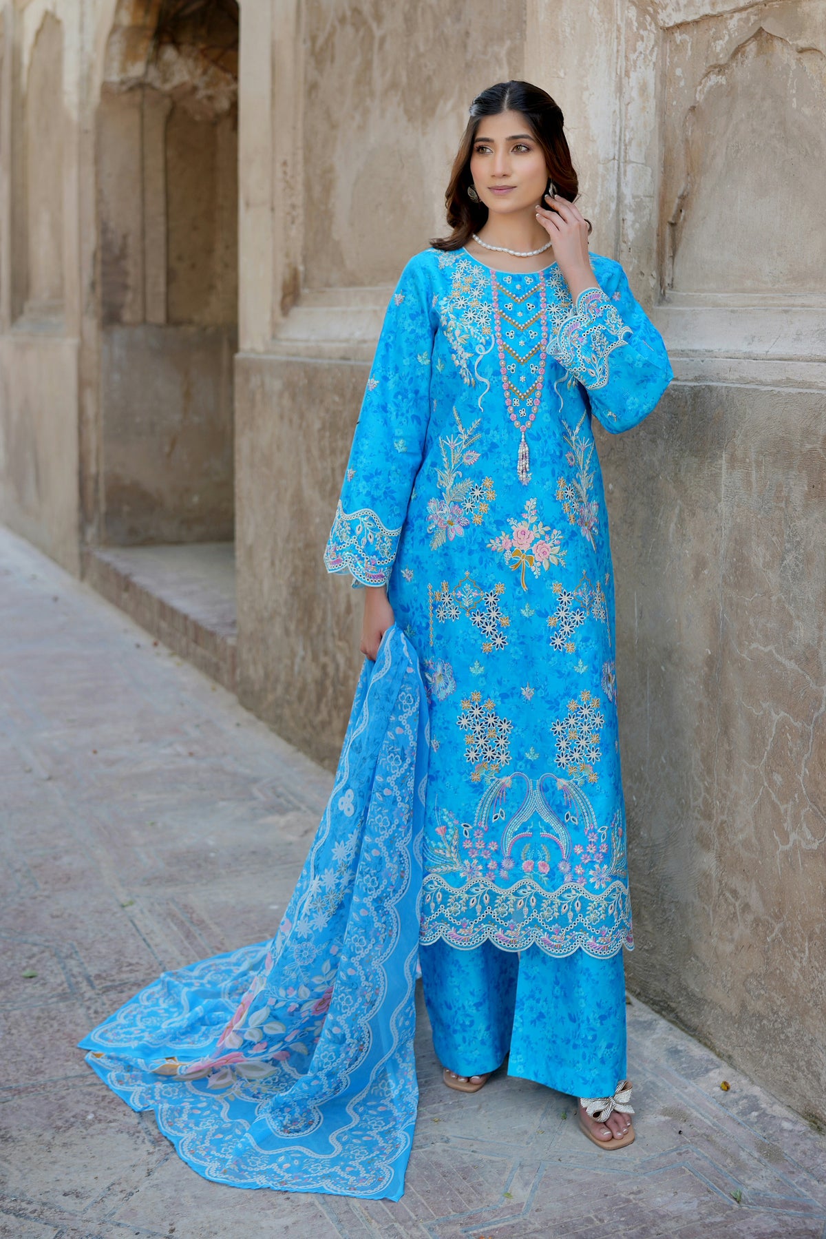 Blue Blossom 3 Piece Suit-Embroidered