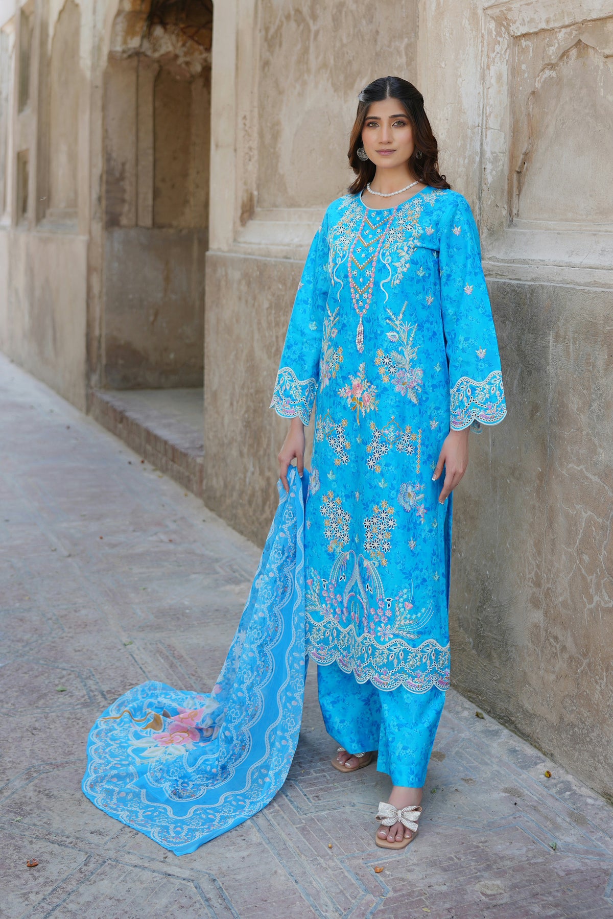 Blue Blossom 3 Piece Suit-Embroidered