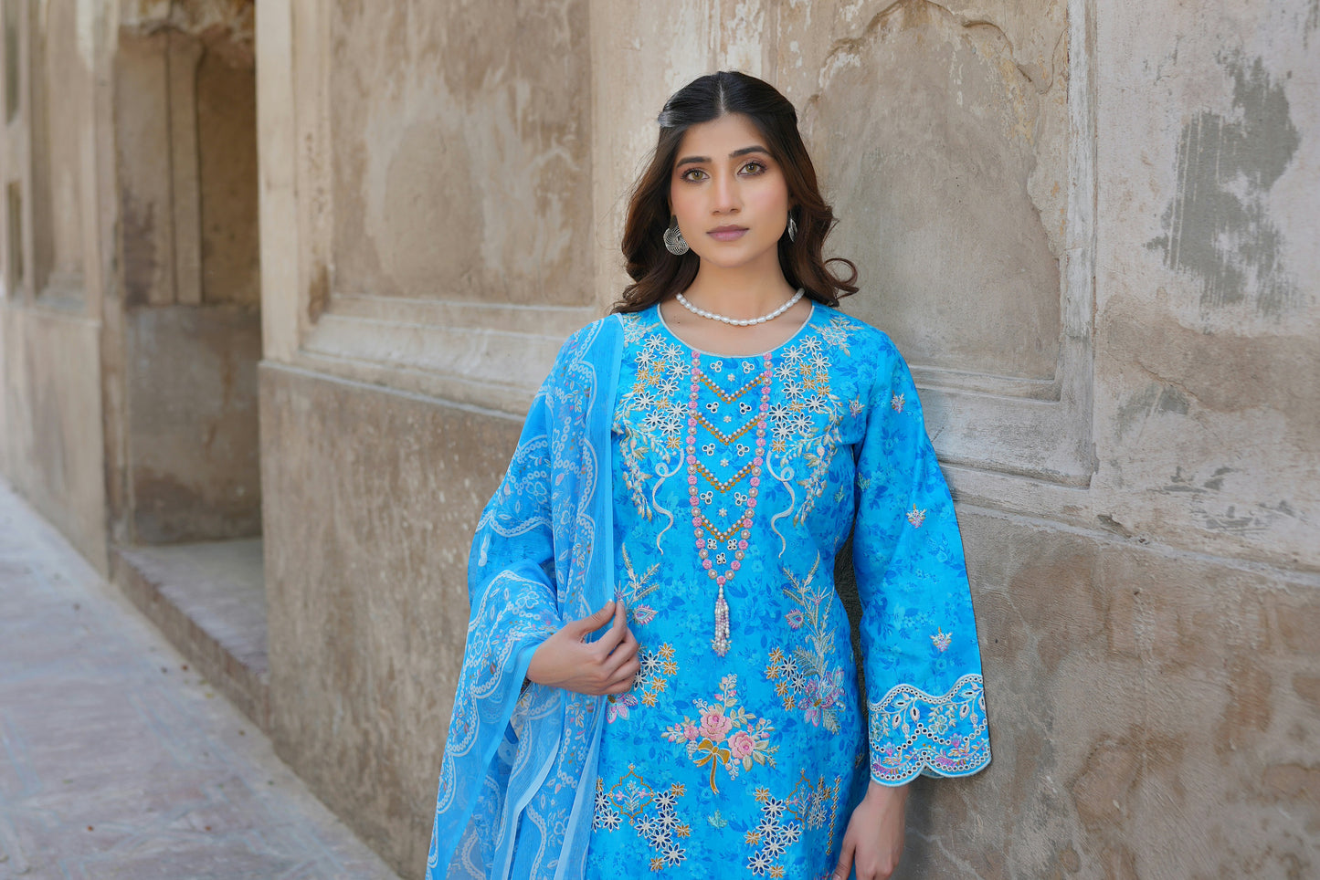 Blue Blossom 3 Piece Suit-Embroidered