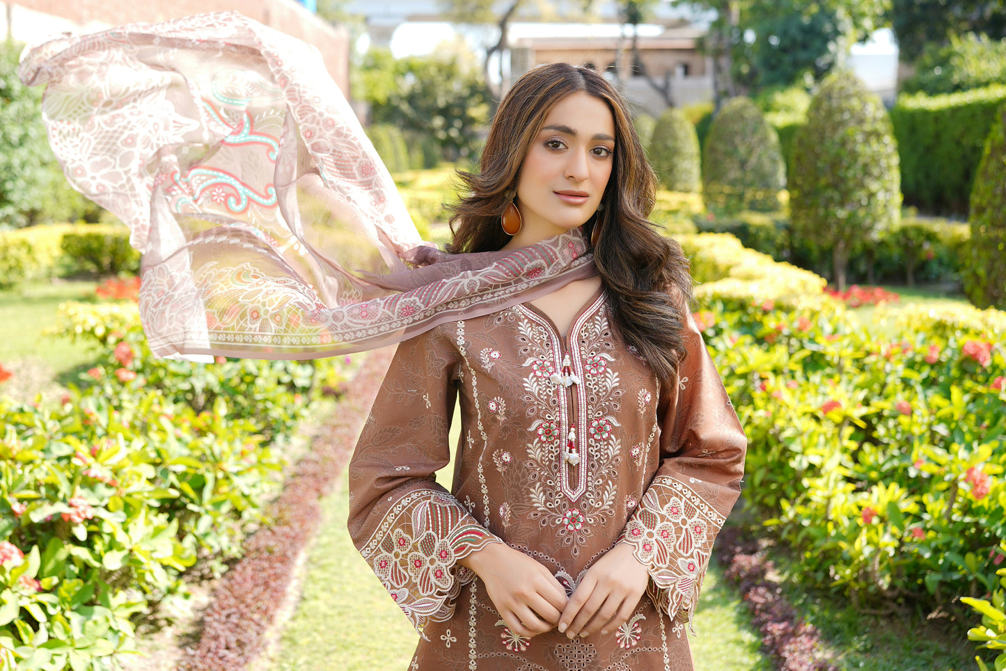 3 Piece Embroidered Chestnut Brown Suite